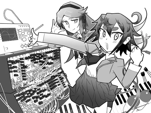 モジュラーシンセのパッチを繋ぐ琥珀と郁音のイラスト