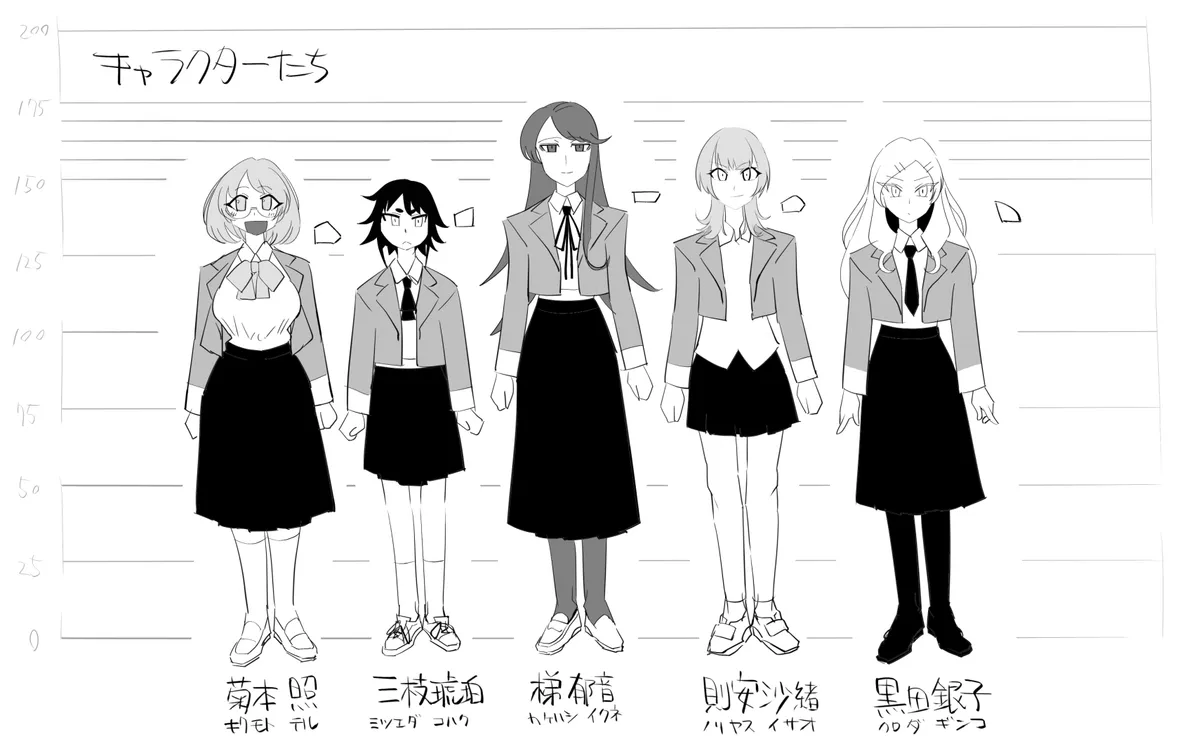 喜久本照、三枝琥珀、桟郁音、則安沙緒、黒田銀子の5人が身長の目盛りの前に並んだ全身の設定画