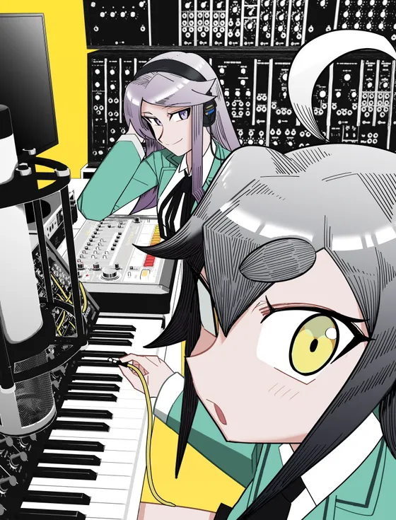 『デキアイ』の表紙イラスト。モジュラーシンセの前で、ヘッドホンをした郁音と、パッチケーブルを握る琥珀。